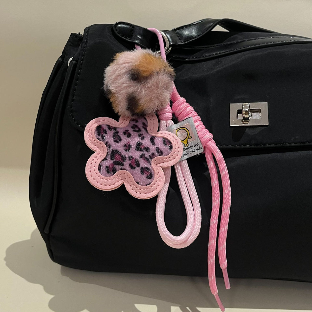 Leopard Flower Charm Keychain with Beaded Strap - Pink01