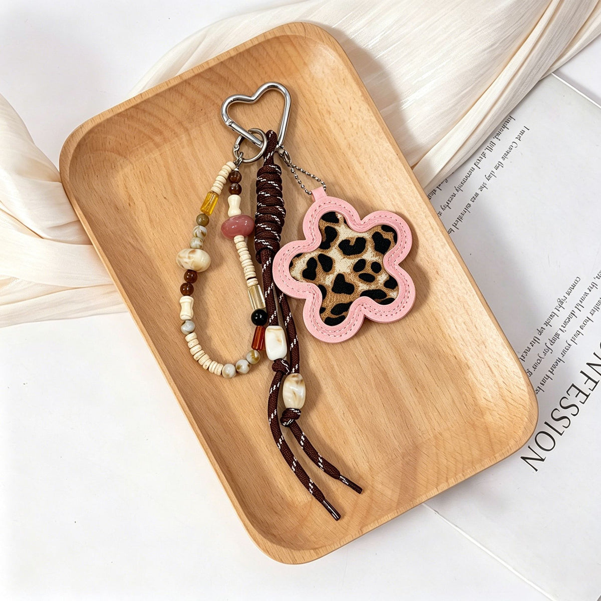 Leopard Flower Charm Keychain with Beaded Strap - PinkLeopard