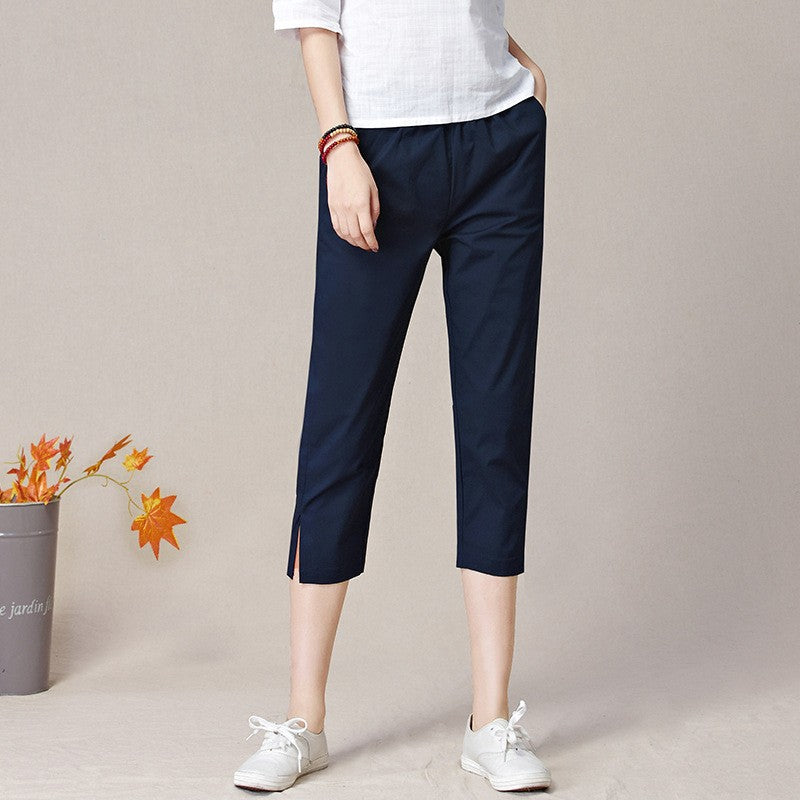 Cotton Blend Side Slit Straight Leg Capri Pants - Navy