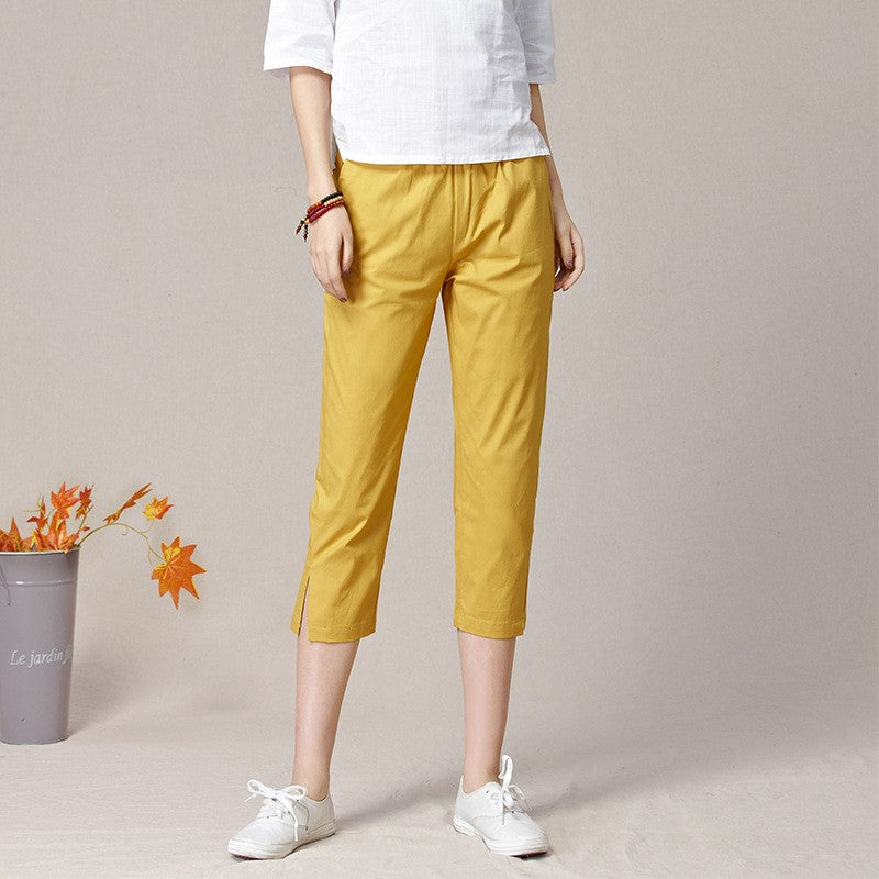 Cotton Blend Side Slit Straight Leg Capri Pants