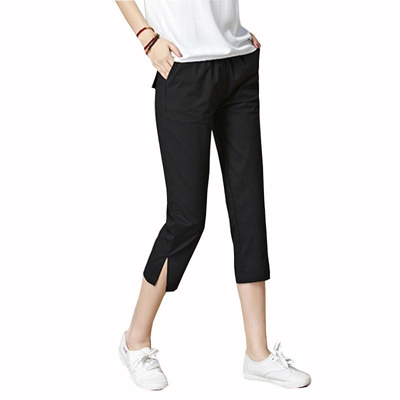 Cotton Blend Side Slit Straight Leg Capri Pants