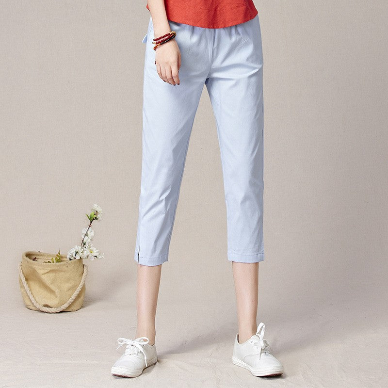 Cotton Blend Side Slit Straight Leg Capri Pants