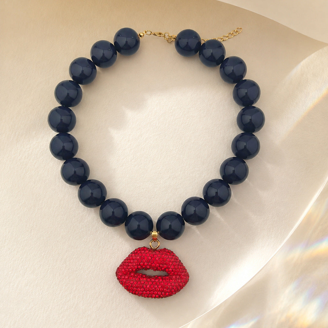 Rhinestone Lips Pendant Chunky Bead Necklace - Navy