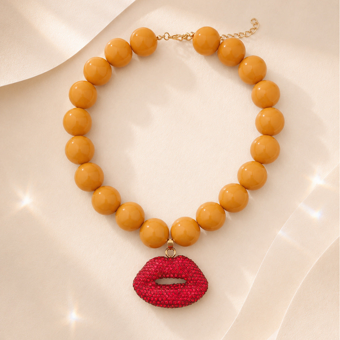Rhinestone Lips Pendant Chunky Bead Necklace - Orange