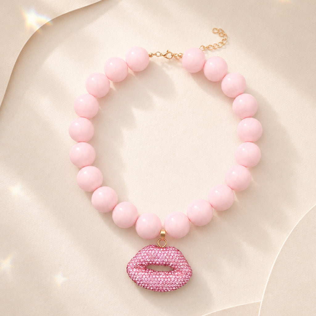 Rhinestone Lips Pendant Chunky Bead Necklace - Pink