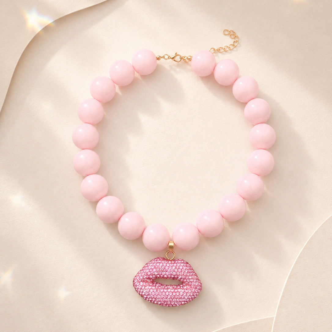 Rhinestone Lips Pendant Chunky Bead Necklace - Pink
