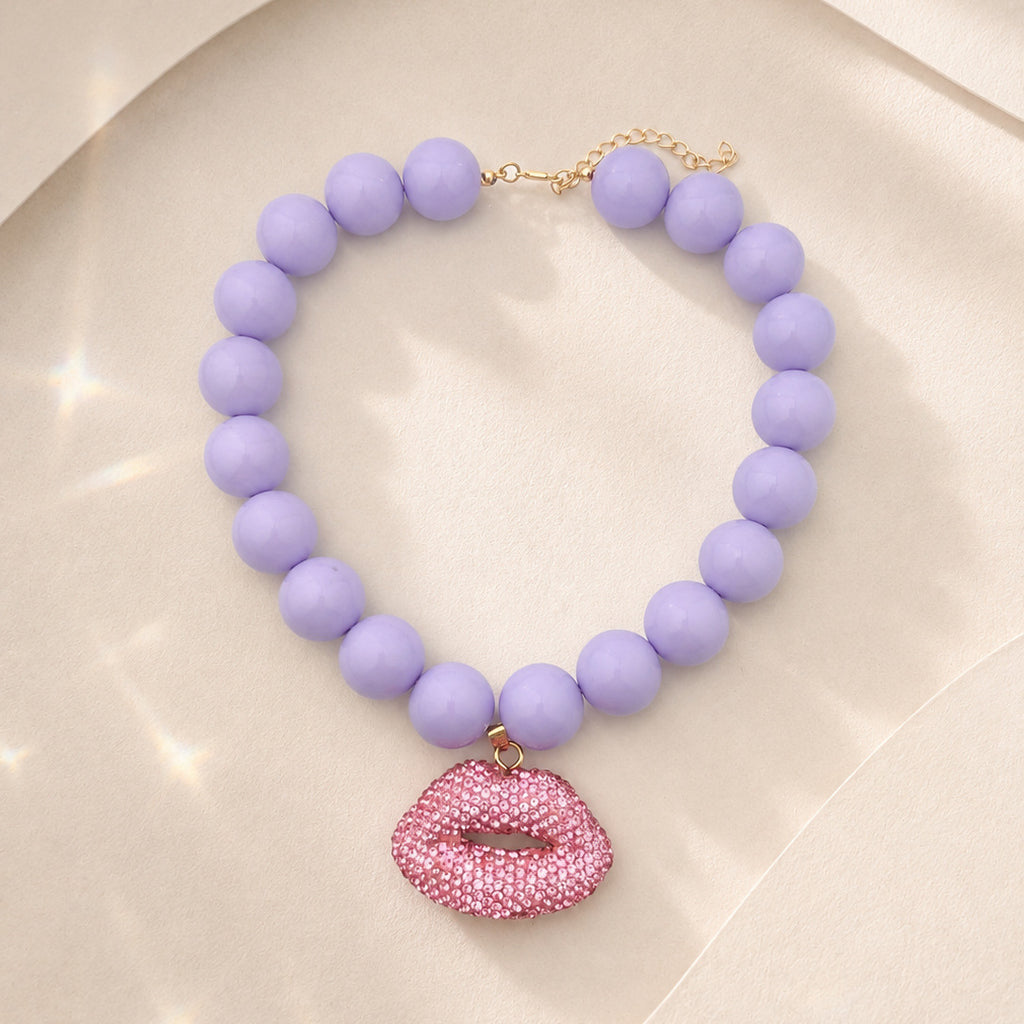 Rhinestone Lips Pendant Chunky Bead Necklace - Purple - 1