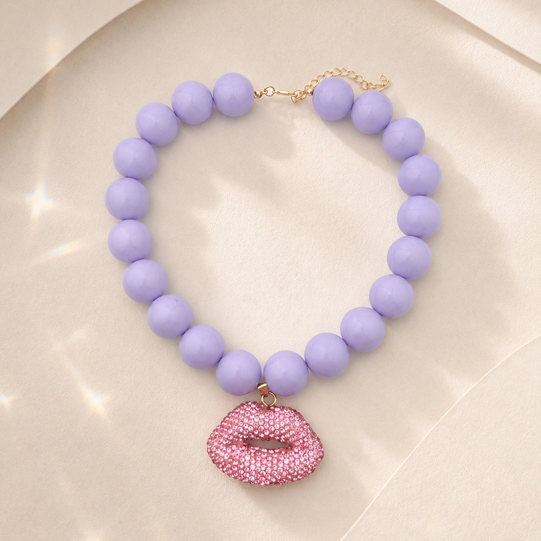 Rhinestone Lips Pendant Chunky Bead Necklace - Purple - 1