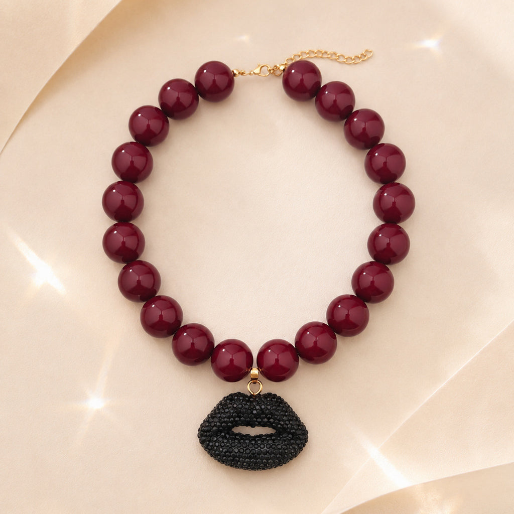 Rhinestone Lips Pendant Chunky Bead Necklace - Purple_Red
