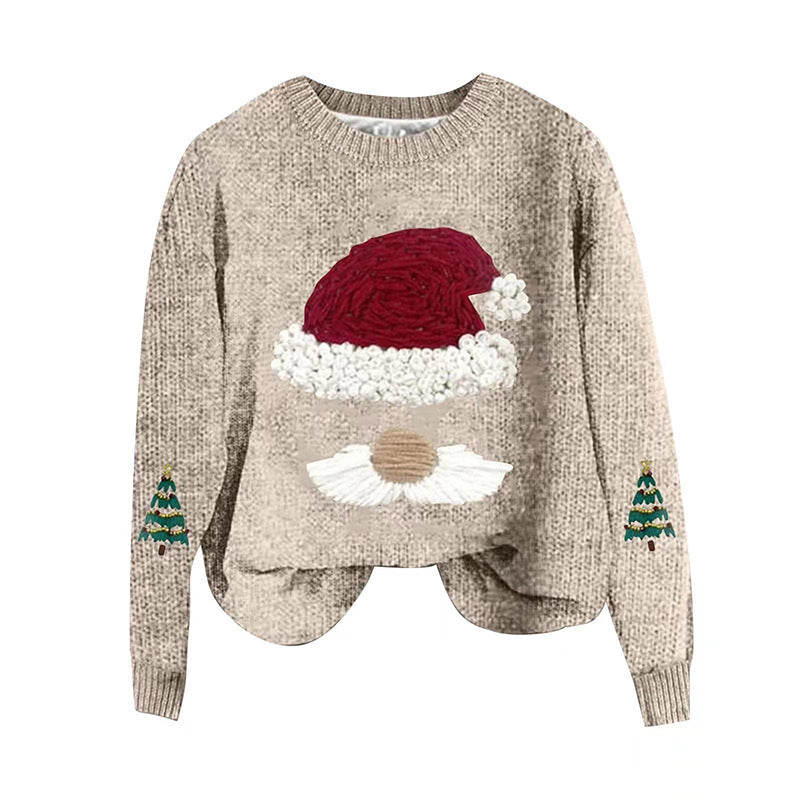 Santa Face Chenille Knit Pullover Sweater - Beige