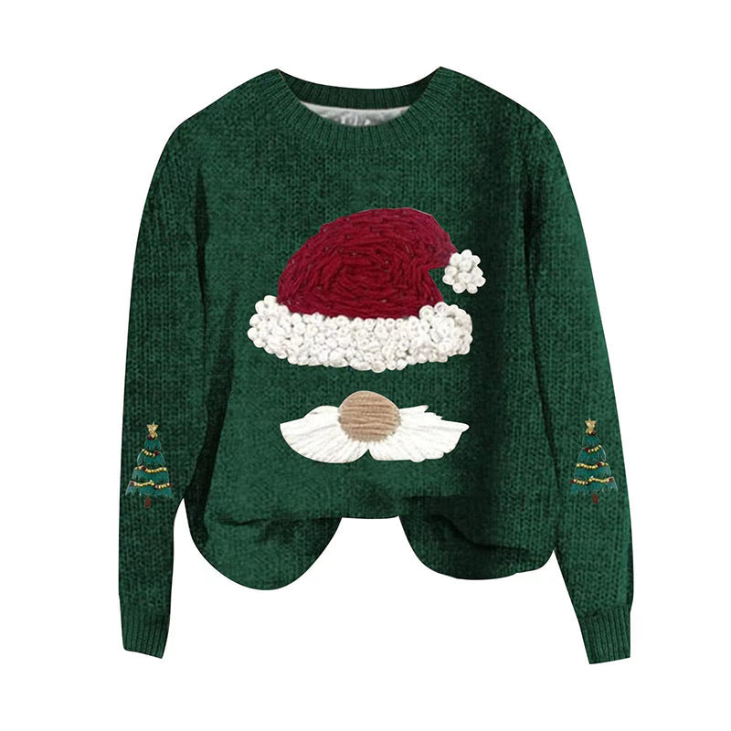 Santa Face Chenille Knit Pullover Sweater - Green