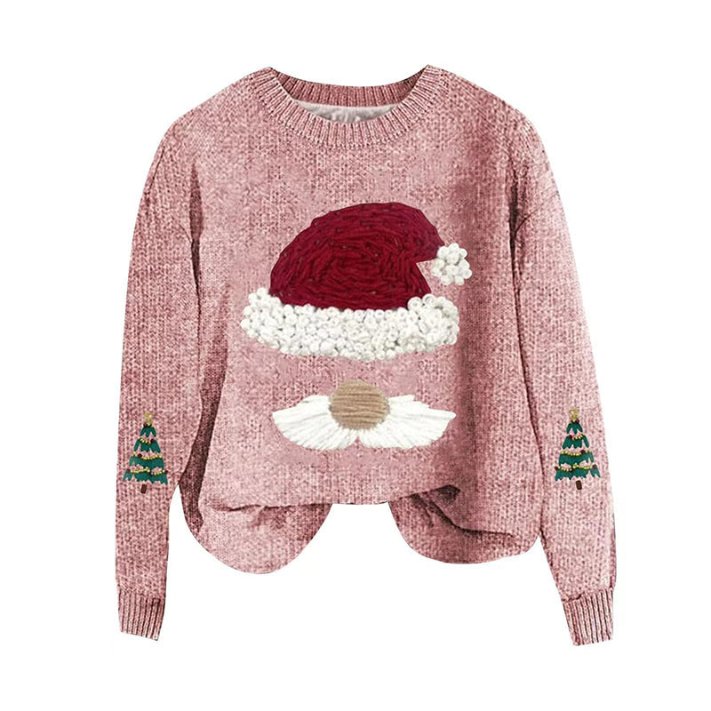 Santa Face Chenille Knit Pullover Sweater - Pink - 1