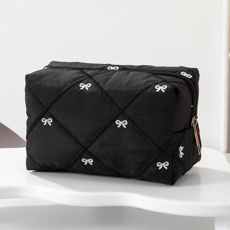 Padded Cosmetic Case With Embroidered Bows - Black