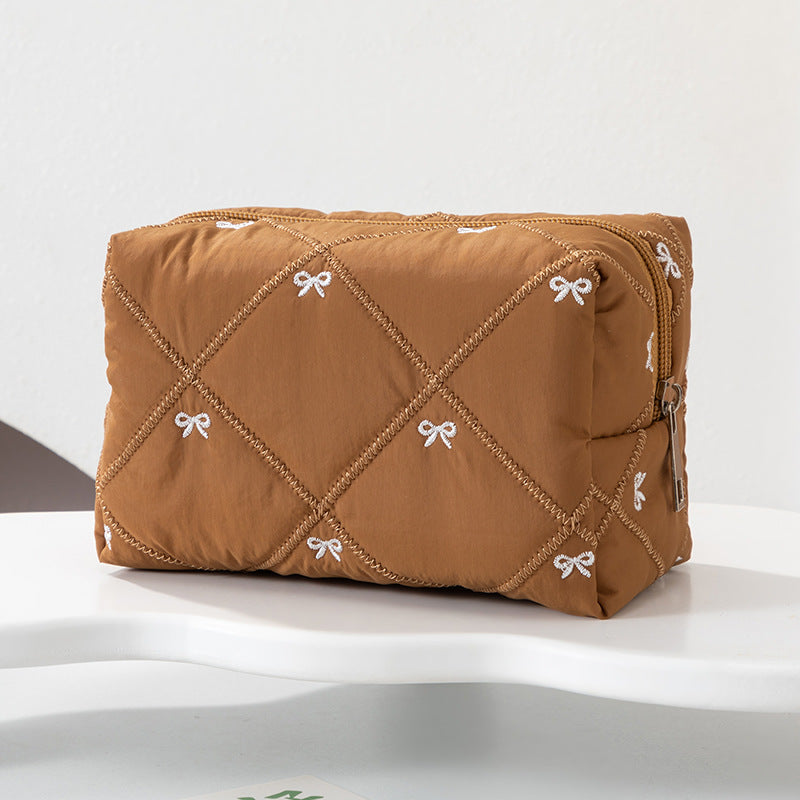 Padded Cosmetic Case With Embroidered Bows - Caramel