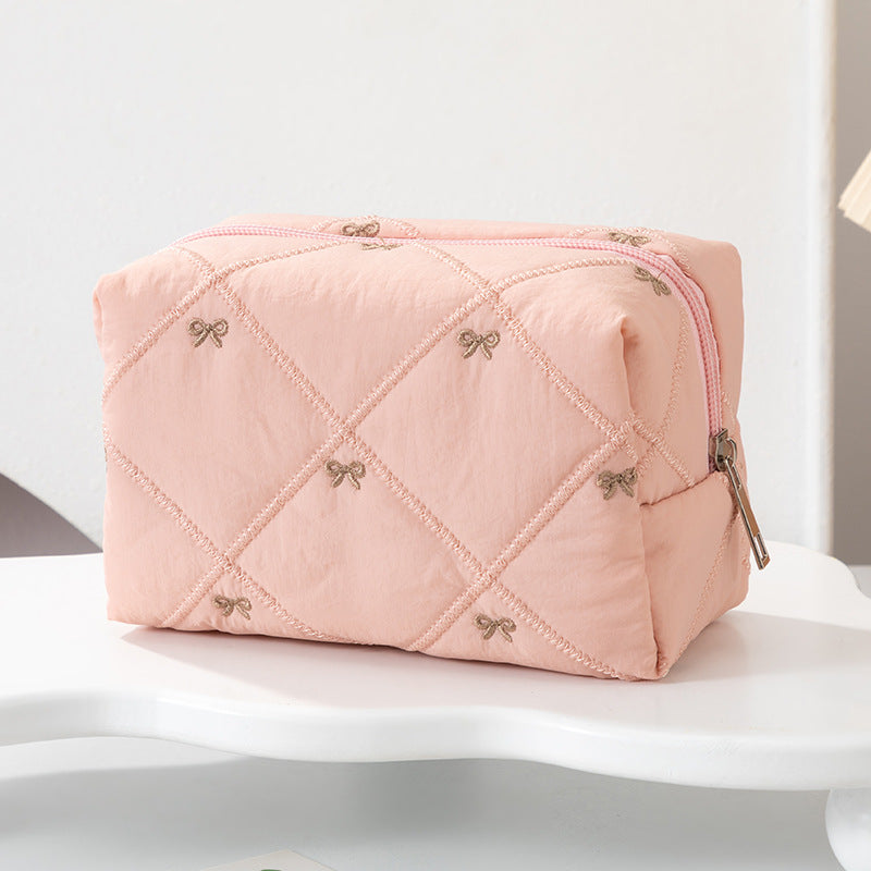 Padded Cosmetic Case With Embroidered Bows - Pink