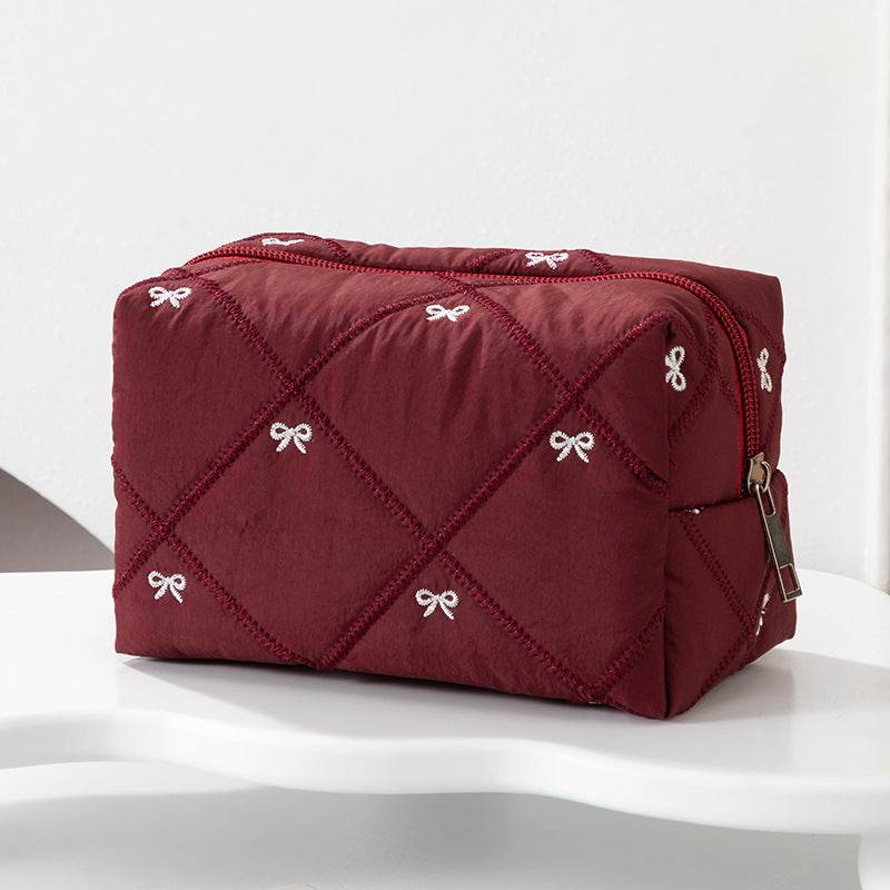 Padded Cosmetic Case With Embroidered Bows - Red