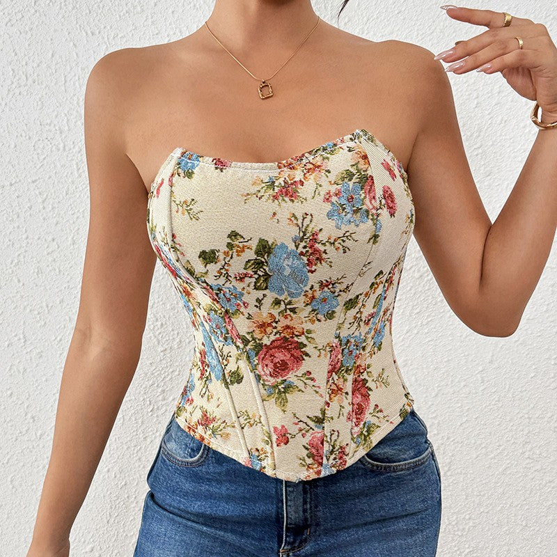 Cream Floral Tapestry Strapless Boned Corset Top - Cream Floral
