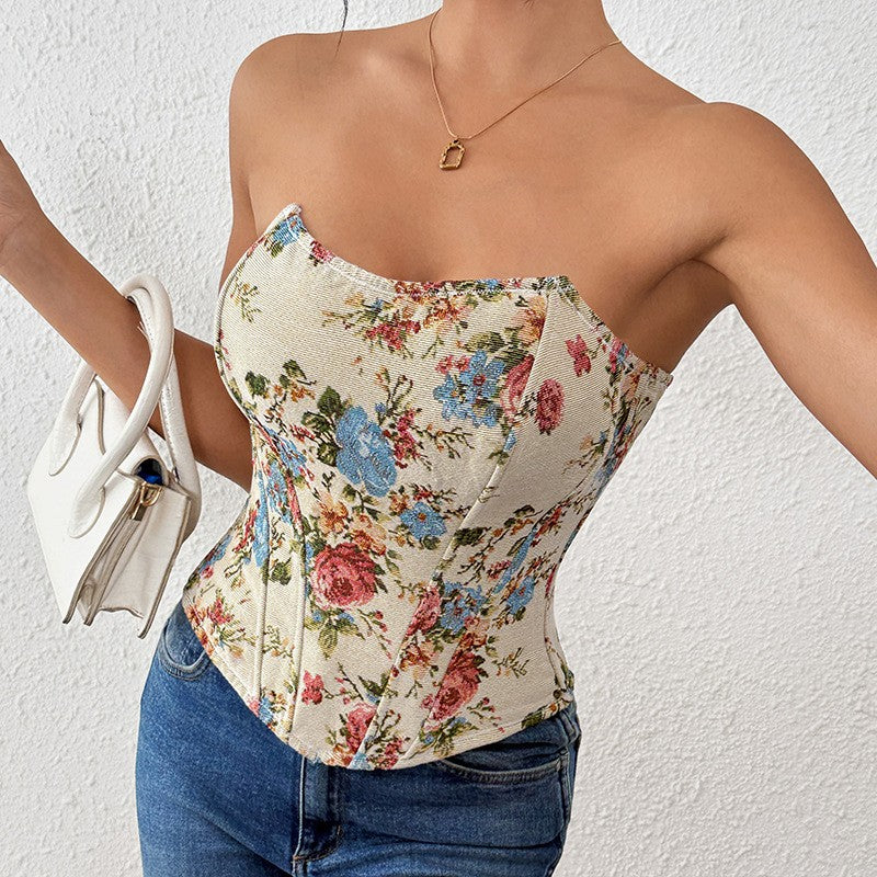 Cream Floral Tapestry Strapless Boned Corset Top