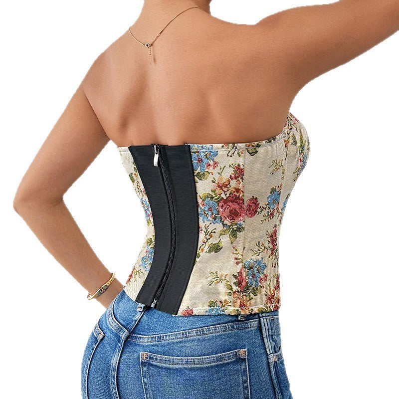 Cream Floral Tapestry Strapless Boned Corset Top