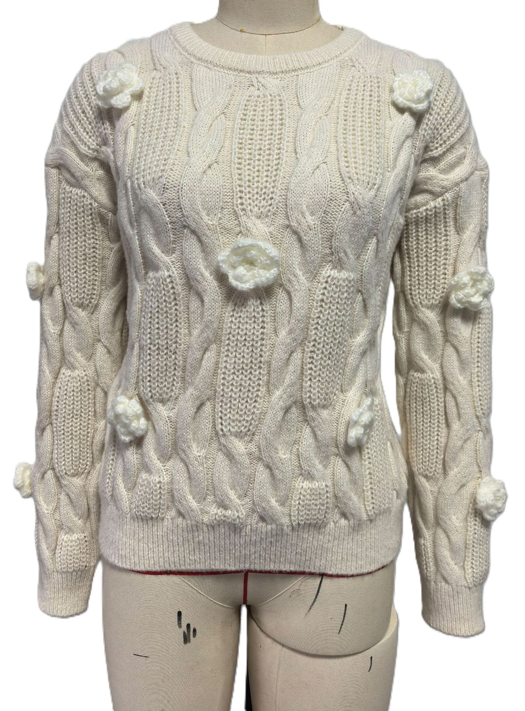 3D Rosette Cable Knit Crew Neck Sweater - Beige - 1