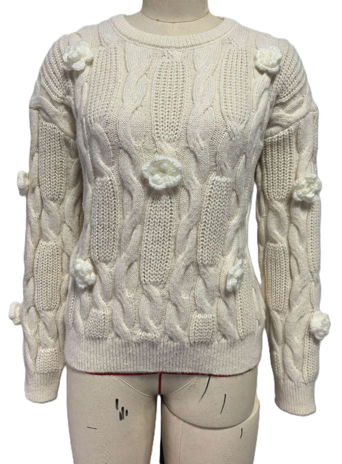 3D Rosette Cable Knit Crew Neck Sweater - Beige - 1