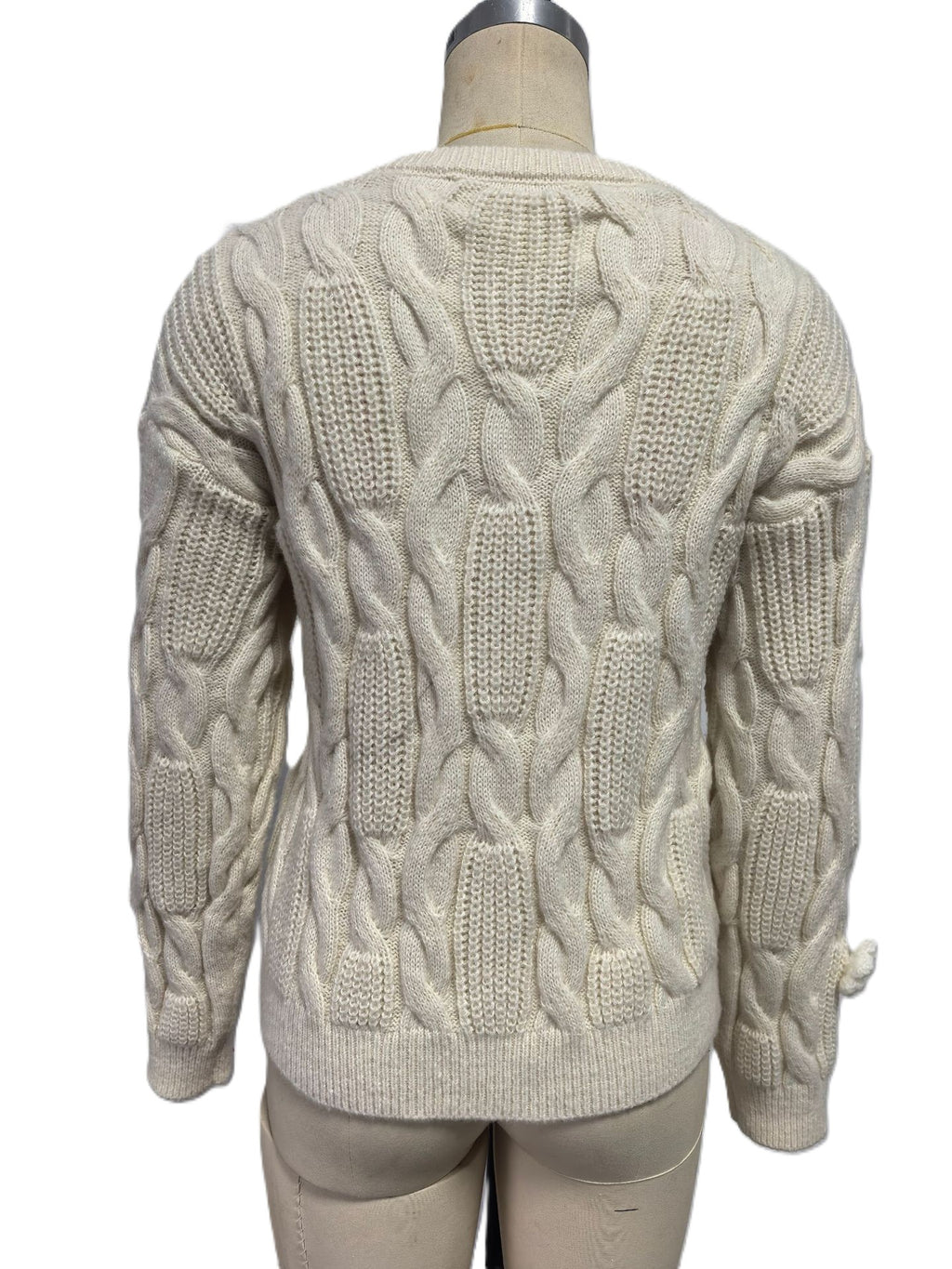 3D Rosette Cable Knit Crew Neck Sweater - Beige - 2