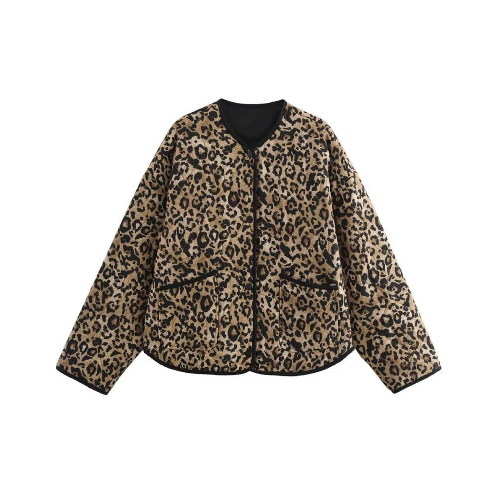 Leopard Print Quilted Collarless Padded Jacket - Print