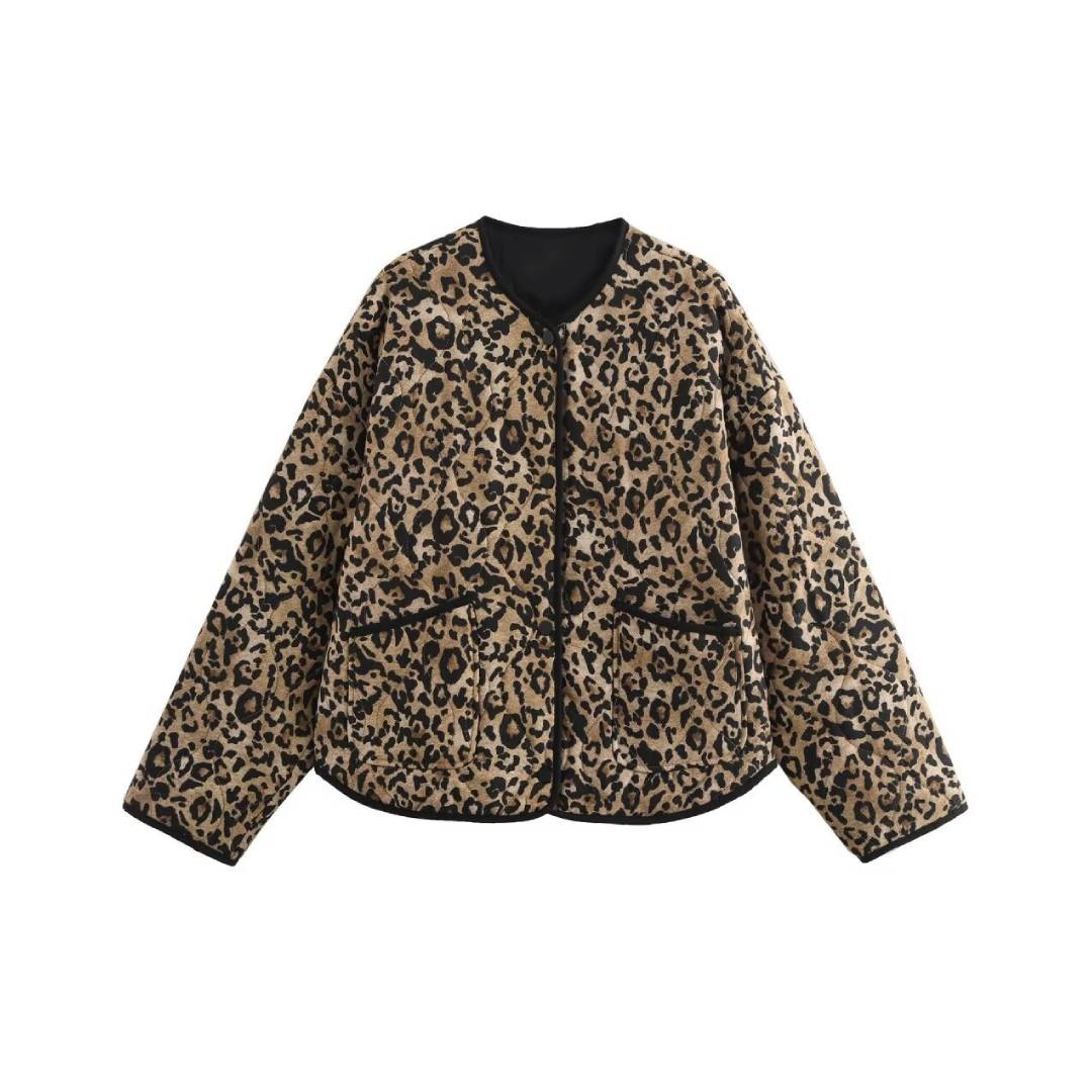 Leopard Print Quilted Collarless Padded Jacket - Print