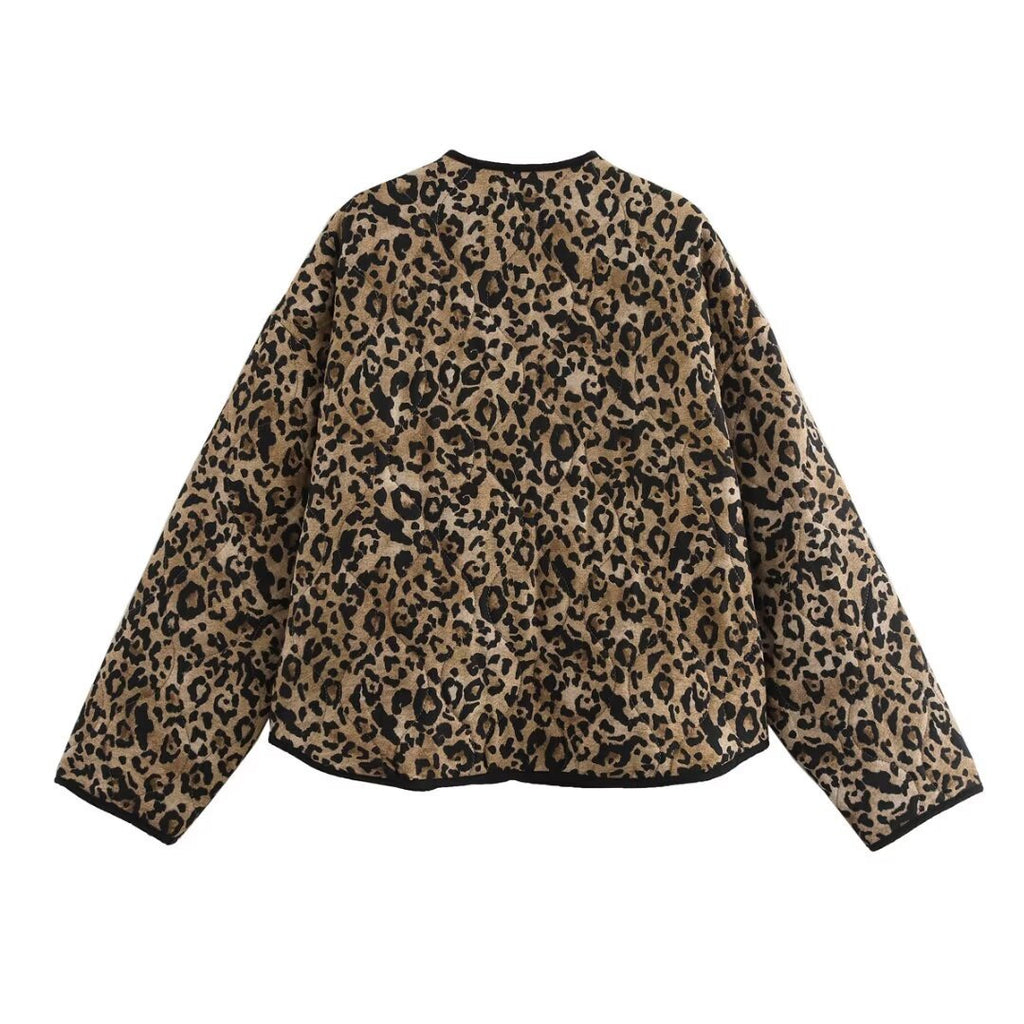 Leopard Print Quilted Collarless Padded Jacket - Print - 1