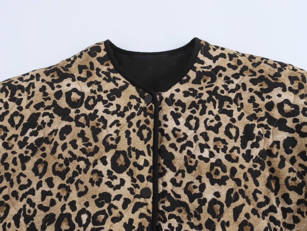 Leopard Print Quilted Collarless Padded Jacket - Print - 2