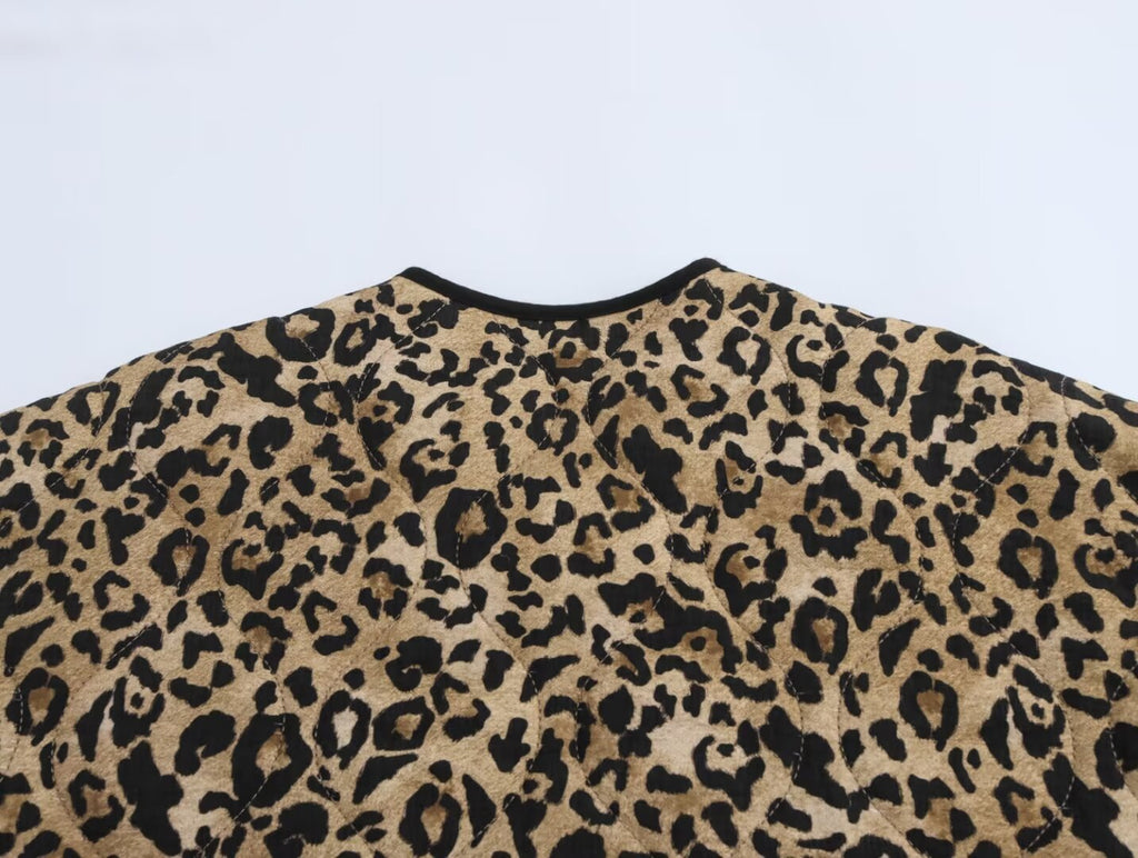 Leopard Print Quilted Collarless Padded Jacket - Print - 3