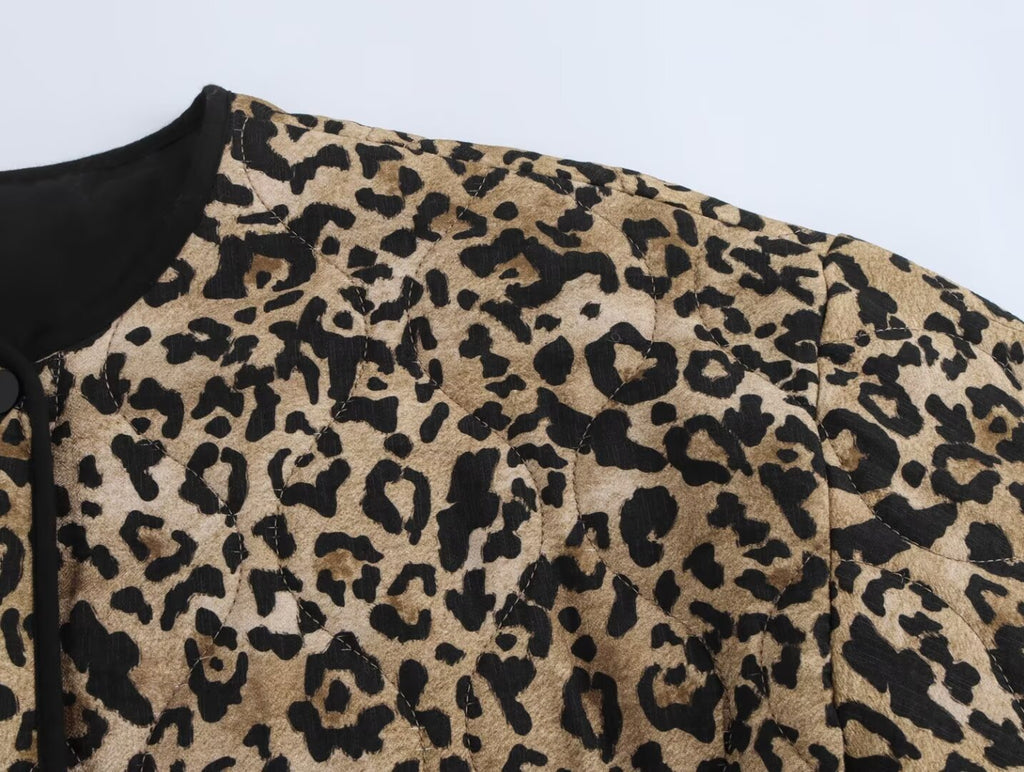 Leopard Print Quilted Collarless Padded Jacket - Print - 4