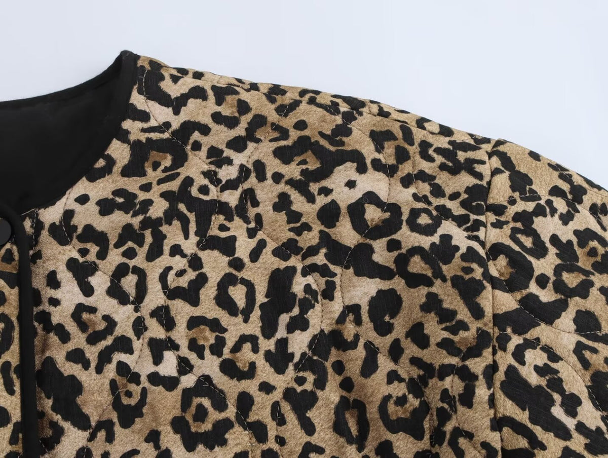 Leopard Print Quilted Collarless Padded Jacket - Print - 4