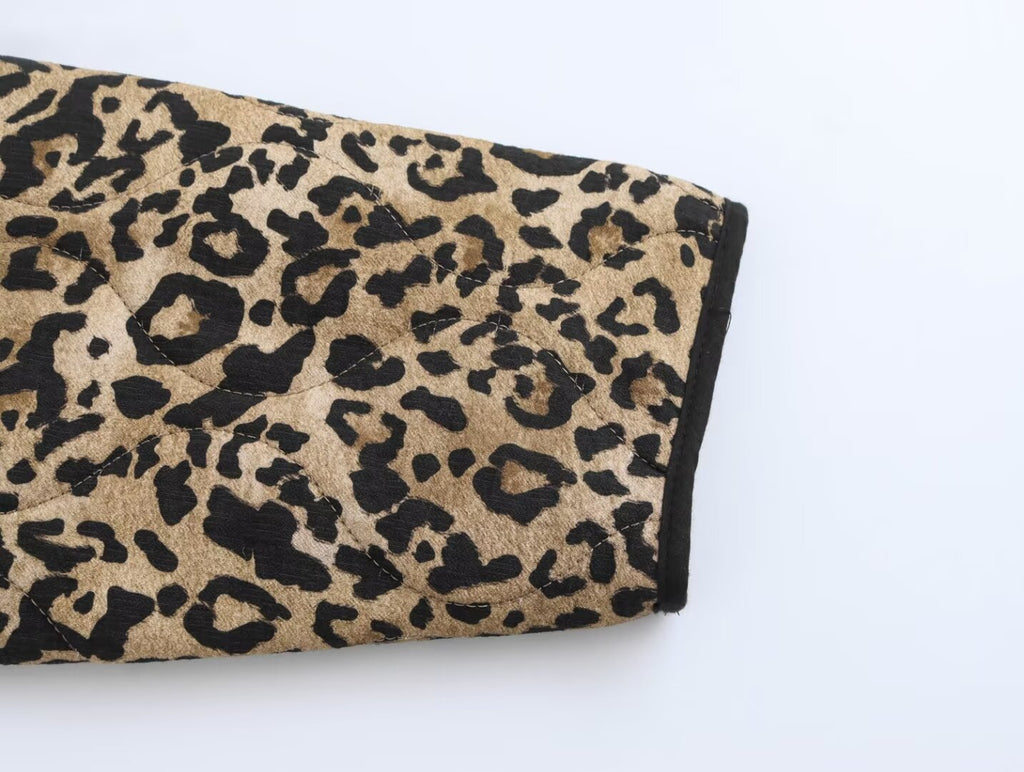 Leopard Print Quilted Collarless Padded Jacket - Print - 5