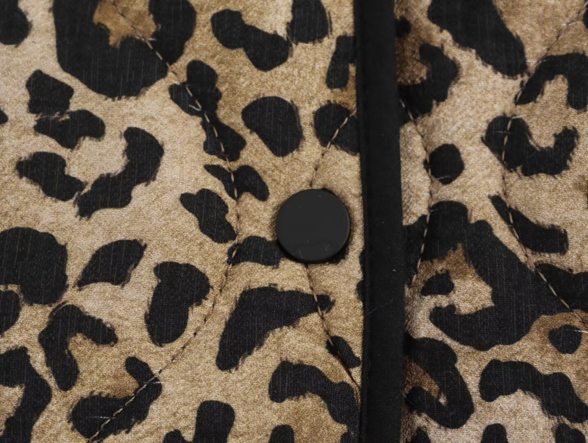 Leopard Print Quilted Collarless Padded Jacket - Print - 6