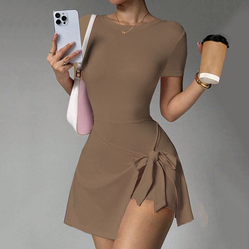 Open Back Bow Wrap Short Sleeve Mini Dress - Brown