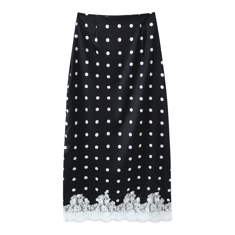 Coquette Polka-Dot Satin Skirt with Vintage Lace Hem - Black