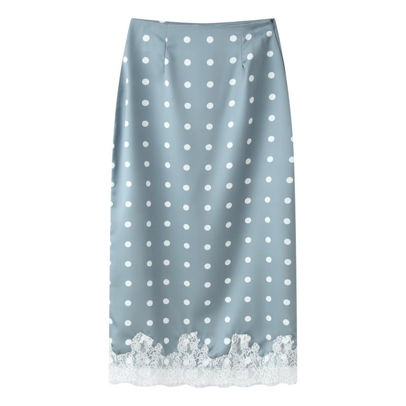 Coquette Polka-Dot Satin Skirt with Vintage Lace Hem - Blue