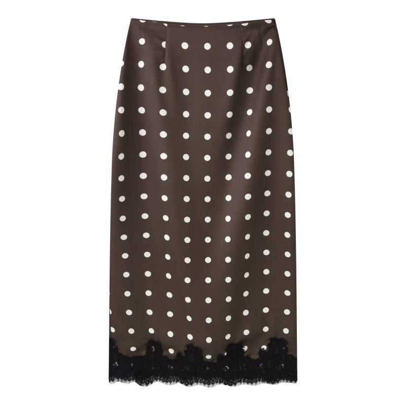 Coquette Polka-Dot Satin Skirt with Vintage Lace Hem - Coffee