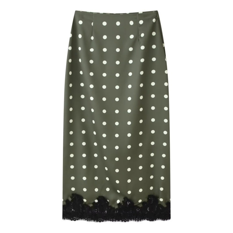 Coquette Polka-Dot Satin Skirt with Vintage Lace Hem - Green