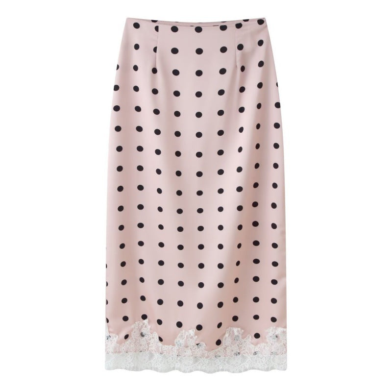 Coquette Polka-Dot Satin Skirt with Vintage Lace Hem - Pink