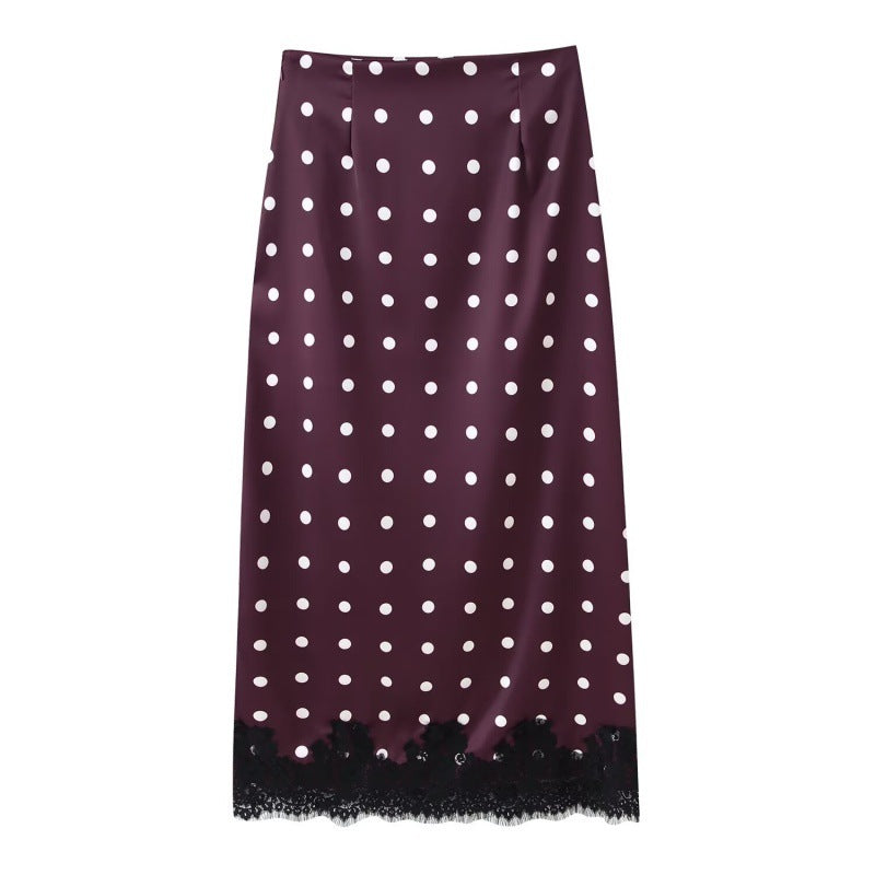 Coquette Polka-Dot Satin Skirt with Vintage Lace Hem - Purple