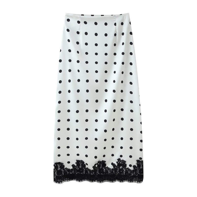 Coquette Polka-Dot Satin Skirt with Vintage Lace Hem - White