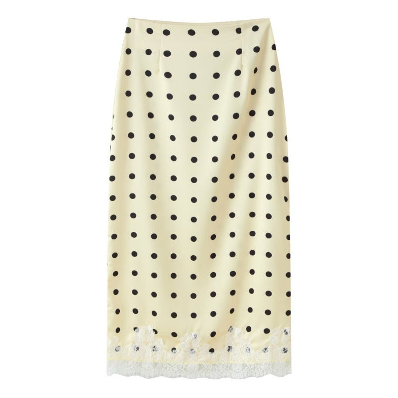Coquette Polka-Dot Satin Skirt with Vintage Lace Hem - Yellow