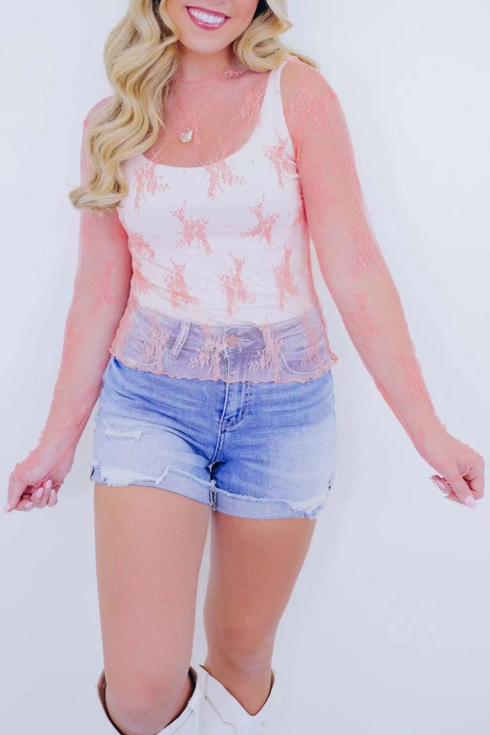 Flocked Floral Sheer Mesh Layering Top - Pink - 2