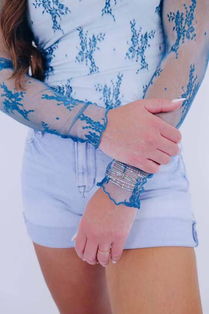 Flocked Floral Sheer Mesh Layering Top - blue - 1