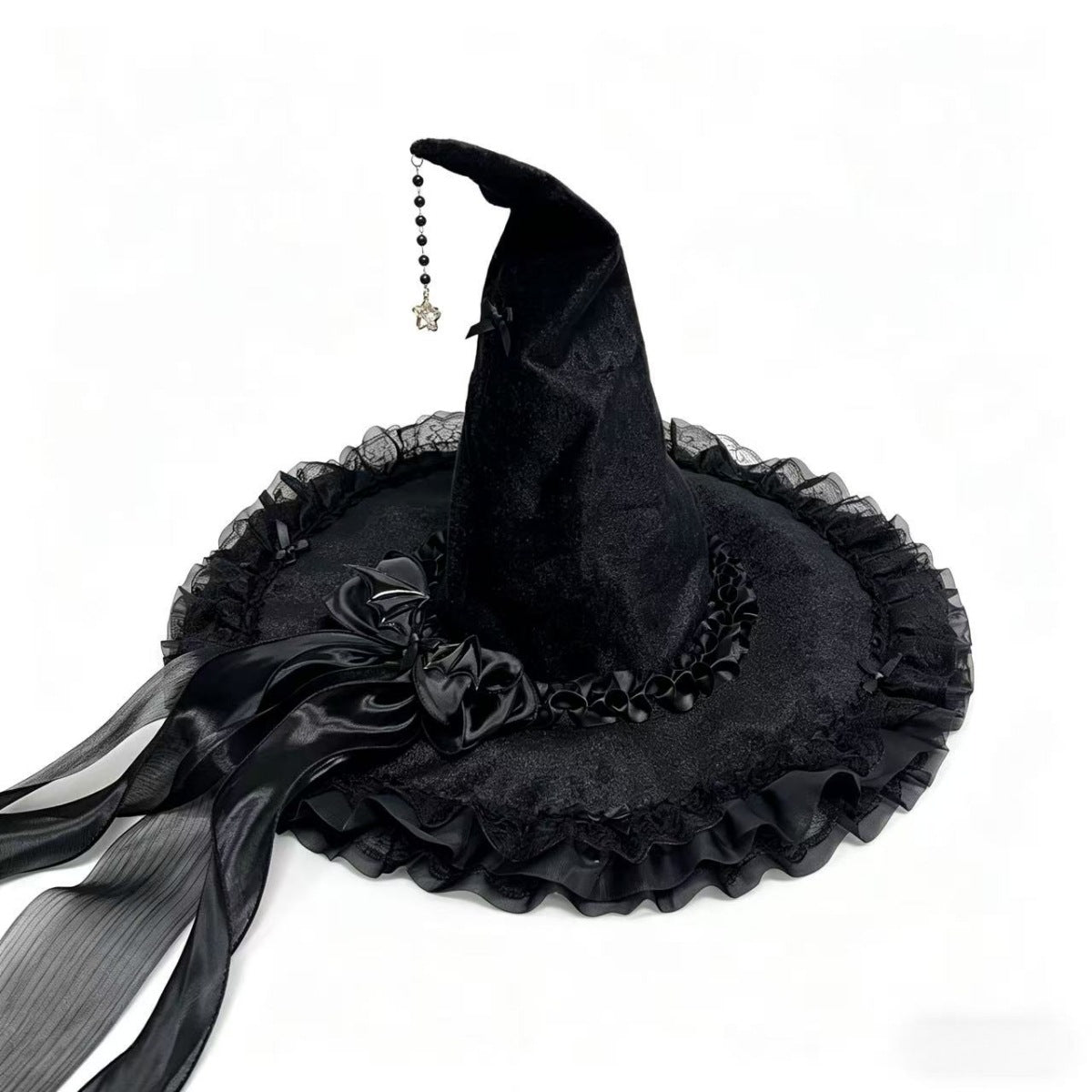 Velvet Witch Hat With Ribbon Trim And Lace - Black