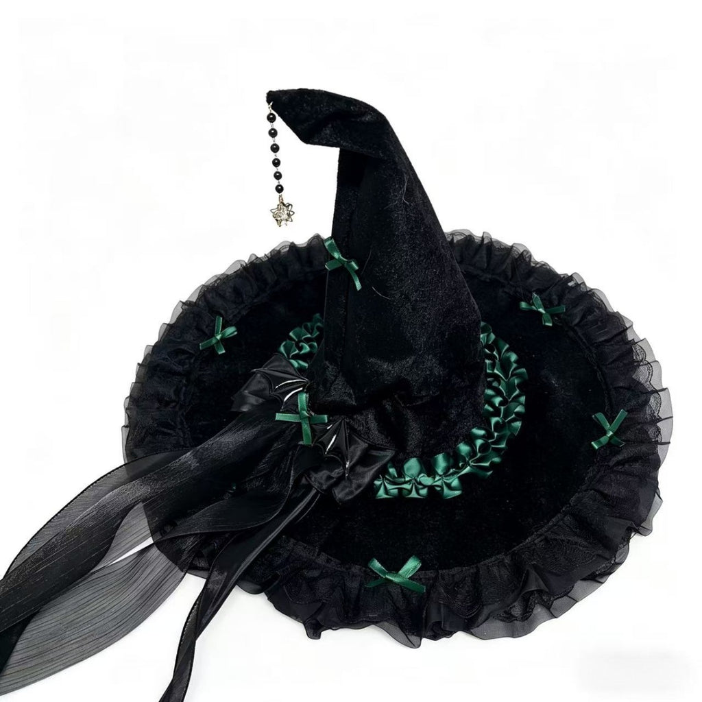 Velvet Witch Hat With Ribbon Trim And Lace - Green