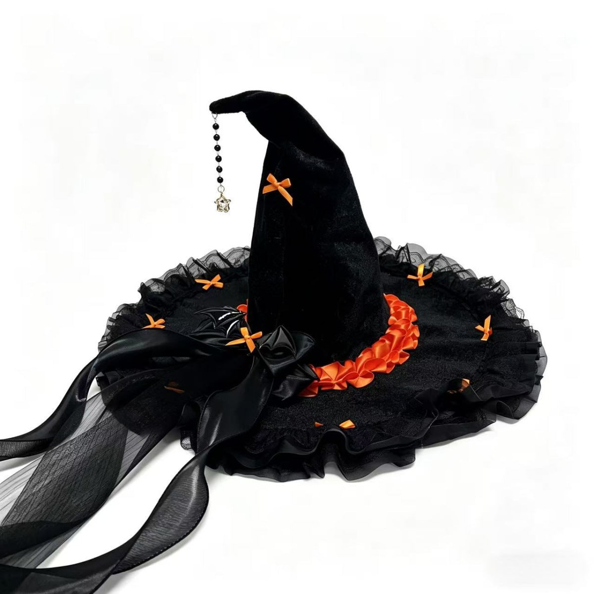 Velvet Witch Hat With Ribbon Trim And Lace - Orange