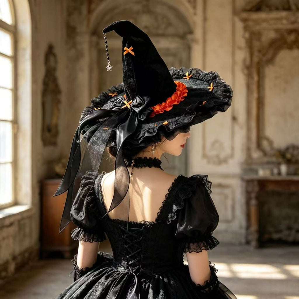 Velvet Witch Hat With Ribbon Trim And Lace - Orange - 1